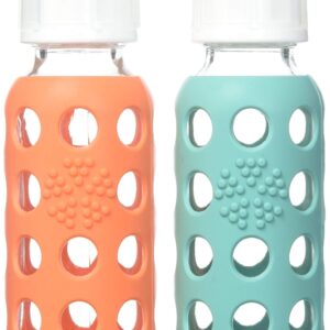 Lifefactory 9oz Glass Baby Bottle 2pk Bundle with 2 Stage 2 Nipples (Kale/Papaya)