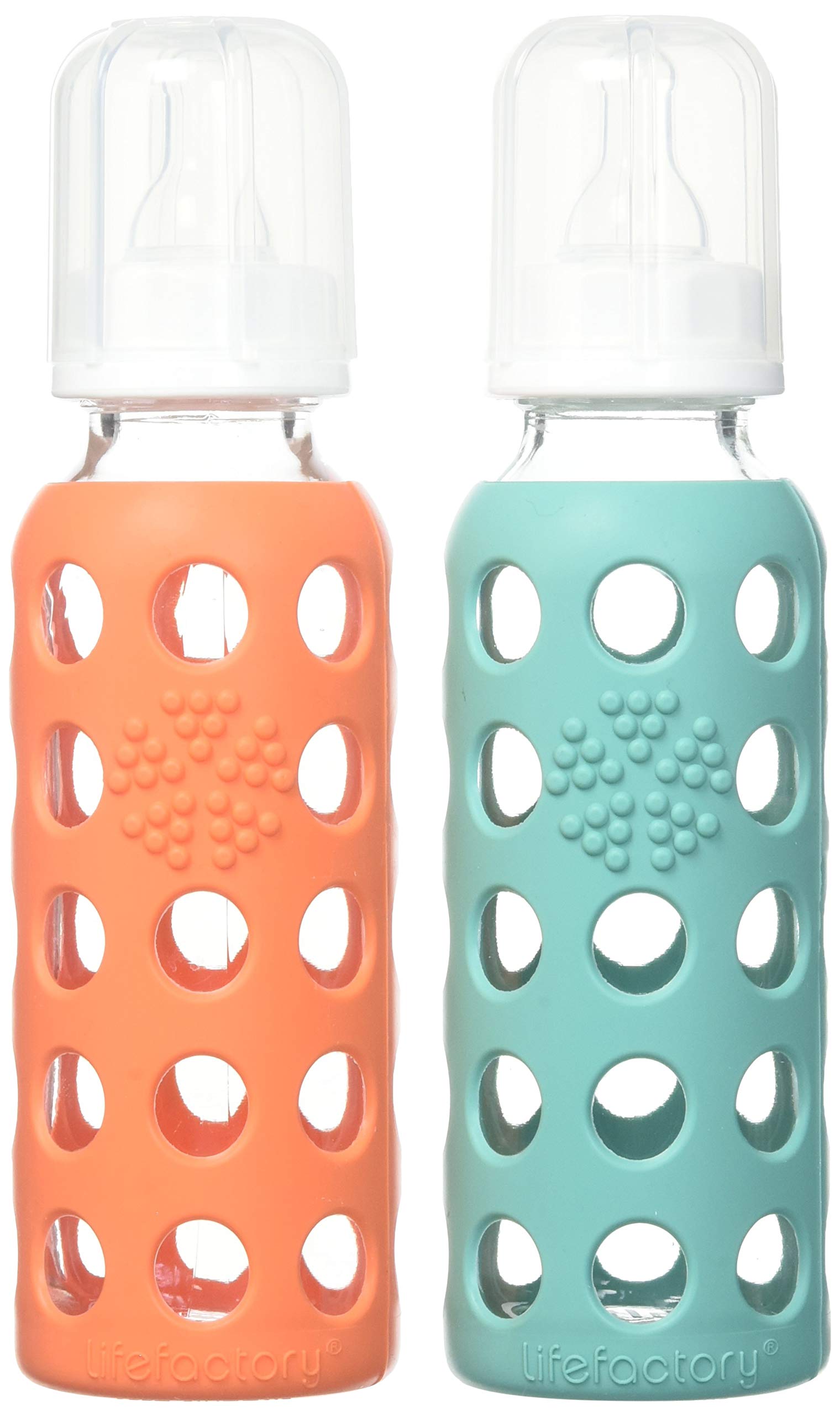 Lifefactory 9oz Glass Baby Bottle 2pk Bundle with 2 Stage 2 Nipples (Kale/Papaya)