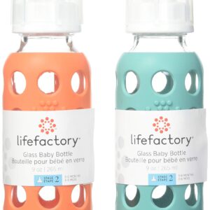 Lifefactory 9oz Glass Baby Bottle 2pk Bundle with 2 Stage 2 Nipples (Kale/Papaya)