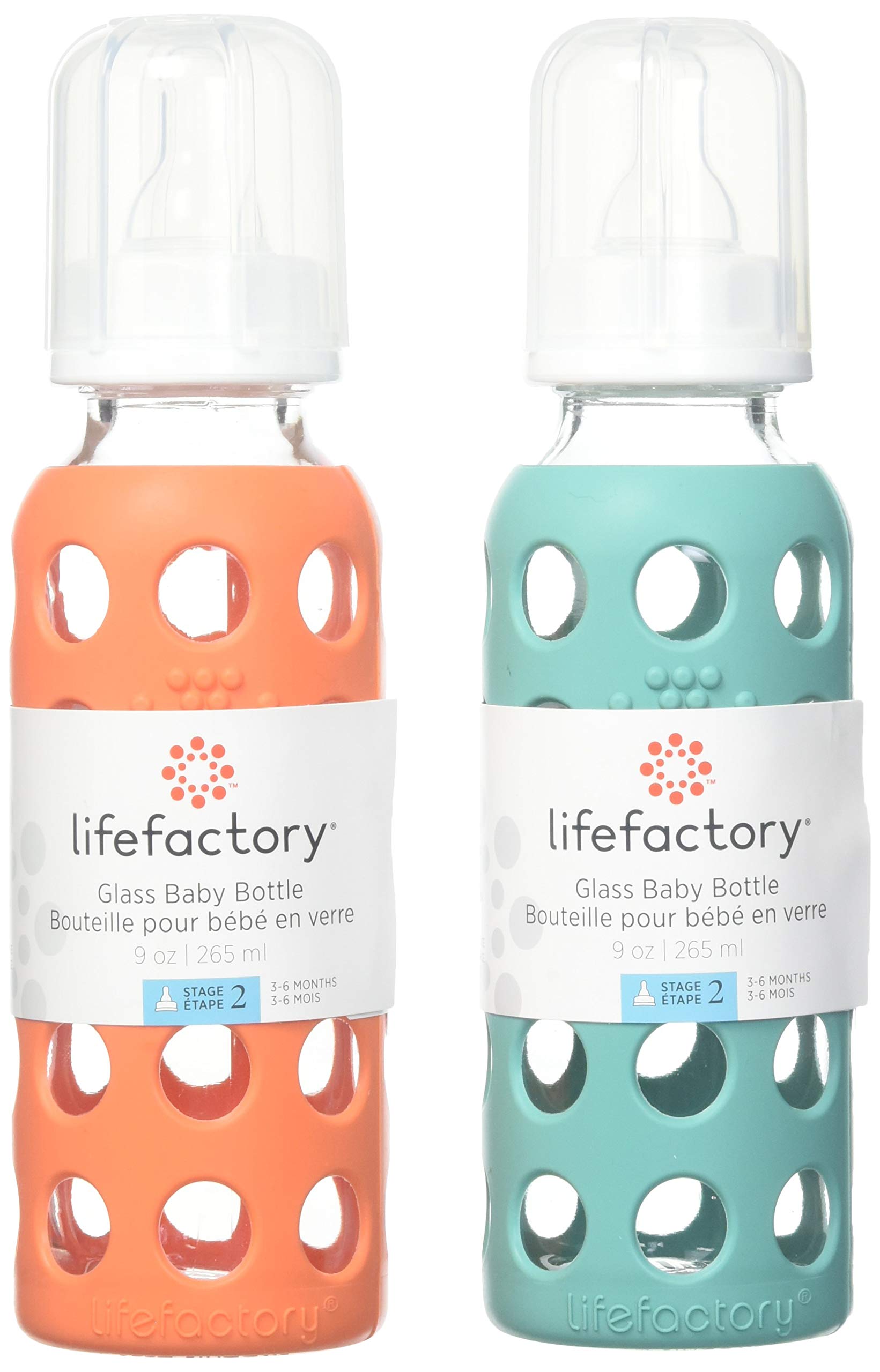 Lifefactory 9oz Glass Baby Bottle 2pk Bundle with 2 Stage 2 Nipples (Kale/Papaya)