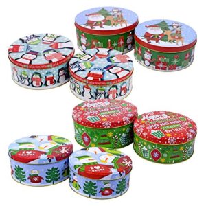 round nesting tins with holiday print designs bundle of 2 round metal tins with lids for cookies, candy, food presents - 1- 6 and 3/4 inches and 1- 6 inches diameter