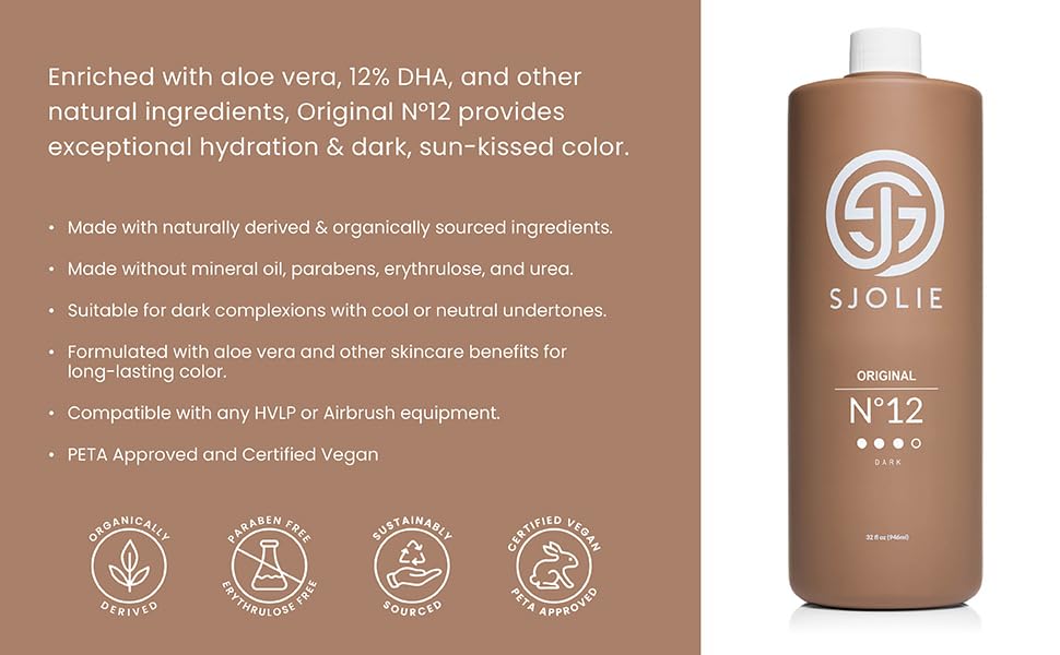 SJOLIE Spray Tan Solution - No. 12 - Dark Hydrating Tanning Spray | Sunless Tanner for a Rich Bronze, Long Lasting, All Natural Spray Tan (8oz)