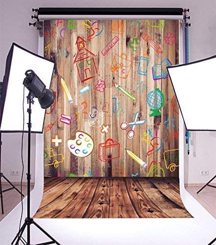 Leowefowa Back to School Backdrop 5x7ft Vinyl Photography Backdrops Hand Painted Pencils House Books on Vintage Retro Stripes Wood Floor Background Baby Kids Children Photo Studio Props