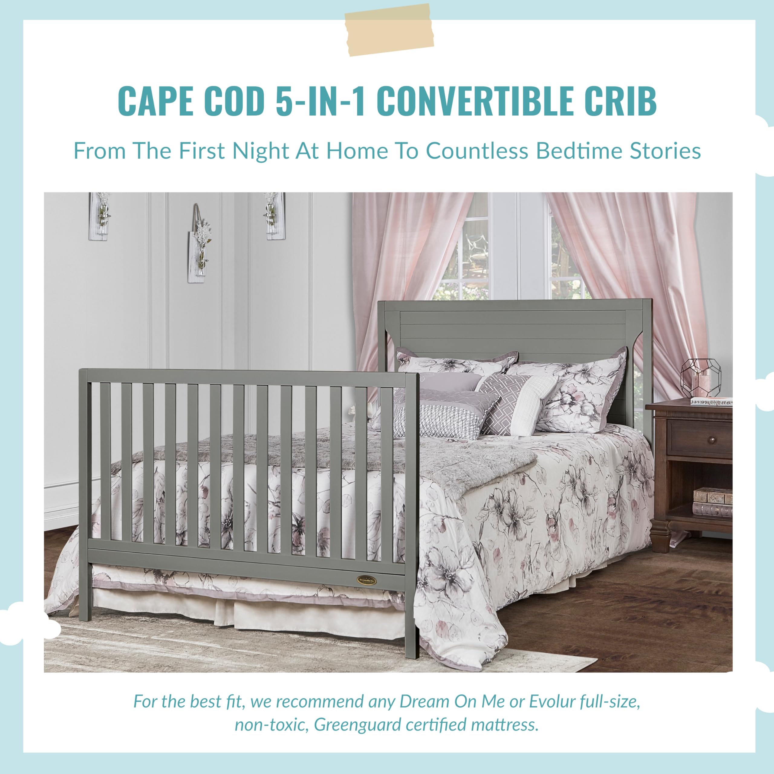 Dream On Me Cape Cod 5-in-1 Convertible Crib in Storm Grey, Greenguard Gold Certified, 55x30x44.5 Inch (Pack of 1)