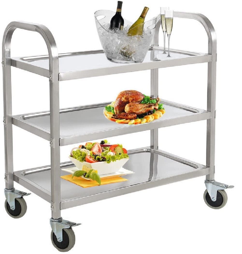 AmGood Stainless Steel Dining Cart - 3 Shelf Heavy Duty Utility Cart on Wheels (Medium - 34" Legth x 18" Width)