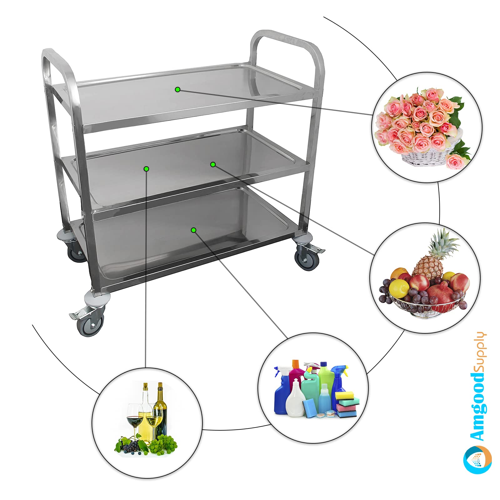 AmGood Stainless Steel Dining Cart - 3 Shelf Heavy Duty Utility Cart on Wheels (Medium - 34" Legth x 18" Width)