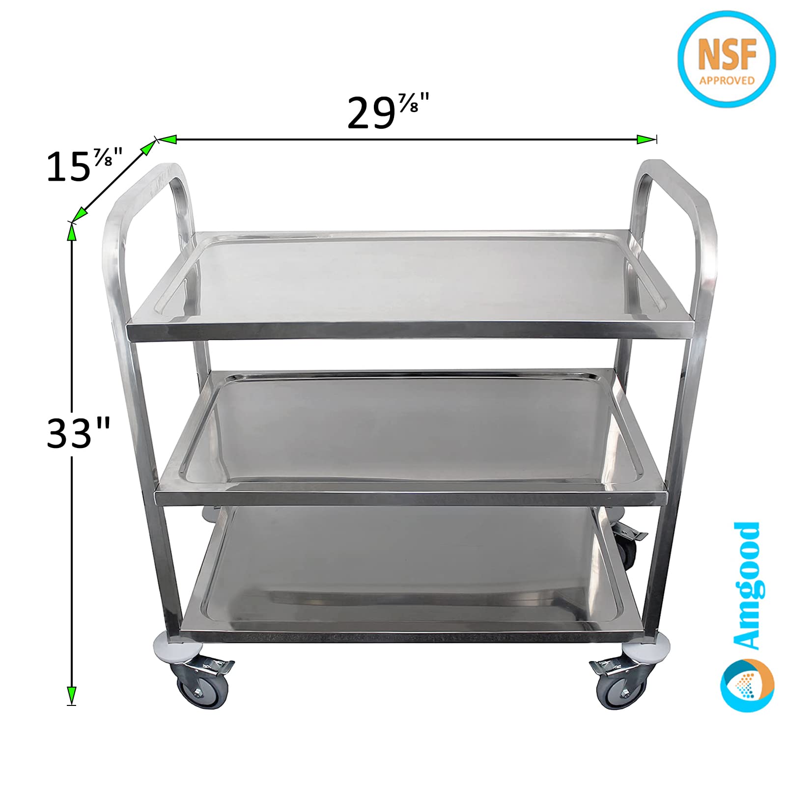 AmGood Stainless Steel Dining Cart - 3 Shelf Heavy Duty Utility Cart on Wheels (Medium - 34" Legth x 18" Width)