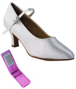 very fine dance shoes - ladies standard, smooth ballroom dance shoes - sera5522-2.5-inch heel and foldable brush bundle - white satin - 8