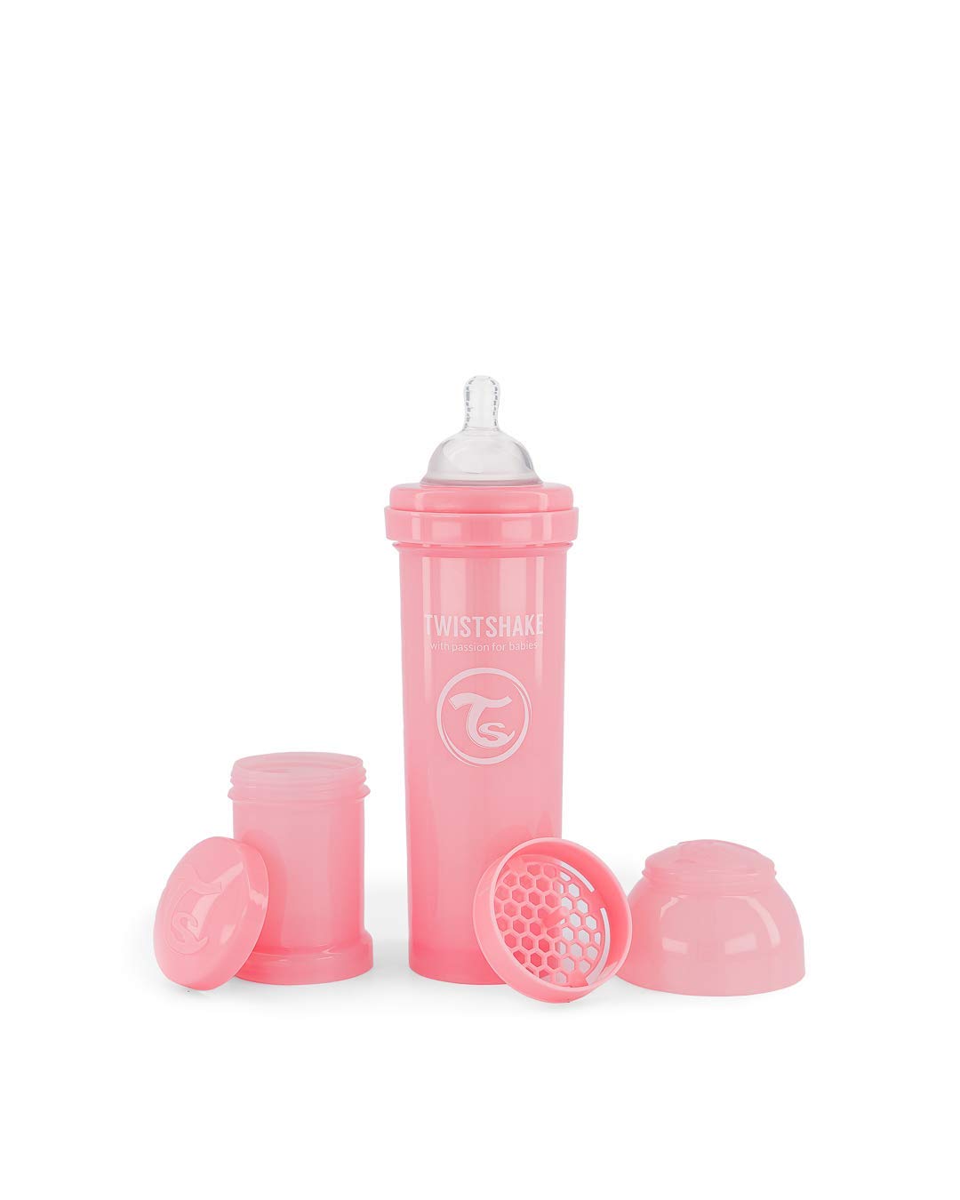 Twistshake Anti Colic Baby Bottles - Premium 330ml/11oz Bottles with 100ml Milk Storage Container for a Comfortable Feeding Experience for Baby Care - Pastel Pink