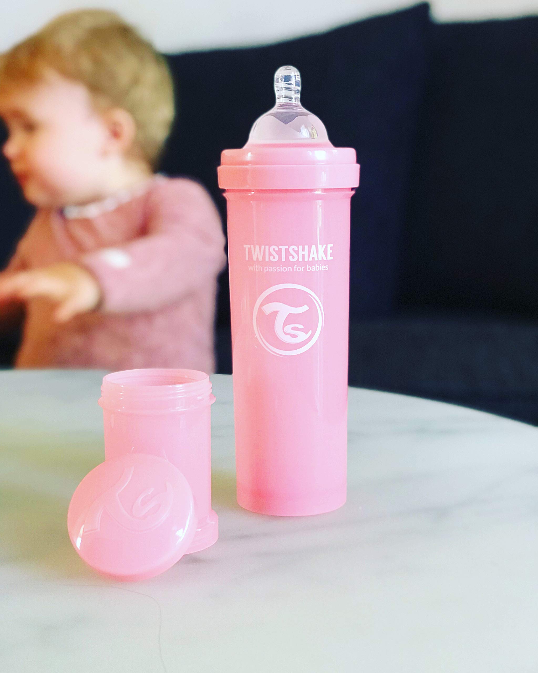 Twistshake Anti Colic Baby Bottles - Premium 330ml/11oz Bottles with 100ml Milk Storage Container for a Comfortable Feeding Experience for Baby Care - Pastel Pink
