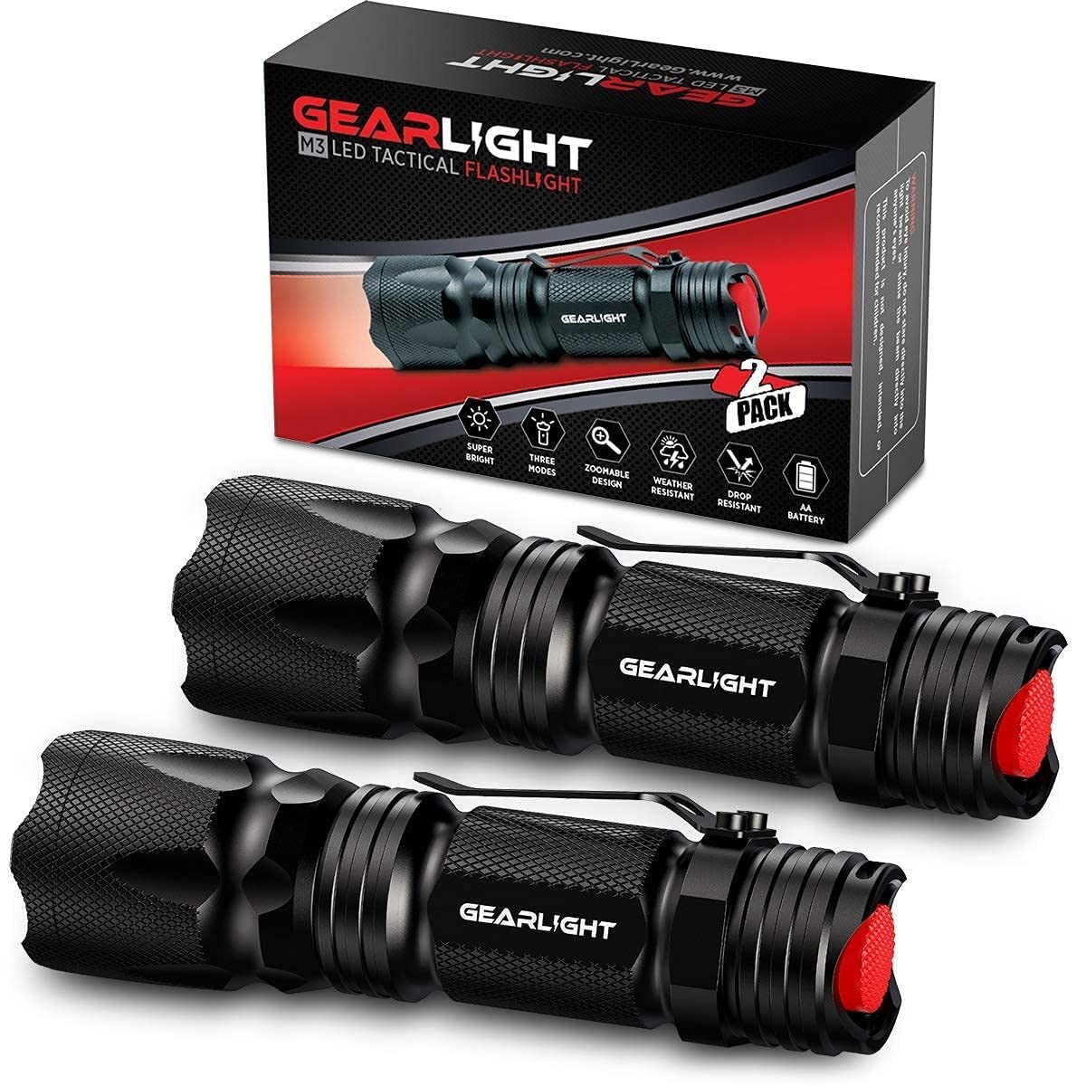 GearLight M3 Mini LED Flashlight - 2 Bright, Small Tactical Flashlights with High Lumens and Pocket Clip for Camping, Outdoor & Emergency Use ﻿