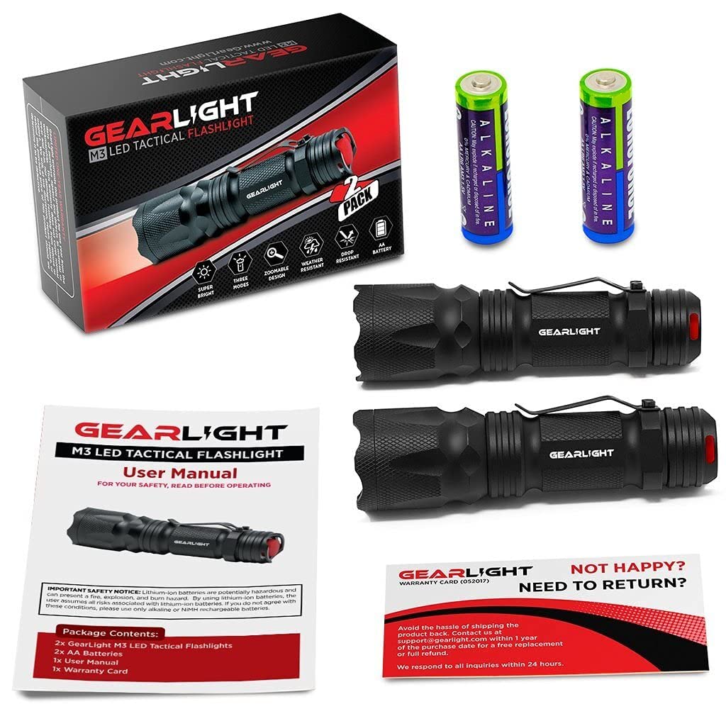 GearLight M3 Mini LED Flashlight - 2 Bright, Small Tactical Flashlights with High Lumens and Pocket Clip for Camping, Outdoor & Emergency Use ﻿
