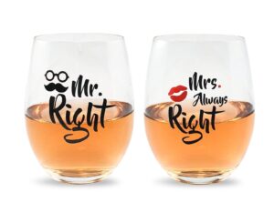 vino o'clock mr right and mrs always right wine glasses gift set for bridal shower, married couples, weddings, engagements, newlyweds, anniversary / 16oz