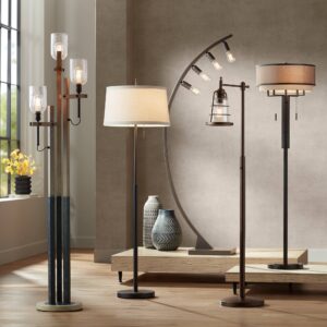 Possini Euro Design Nayla Modern Floor Lamp Standing 62.5" Tall Bronze Steel Slender Column Off White Fabric Tapered Drum Shade Decor for Living Room Reading House Bedroom Home