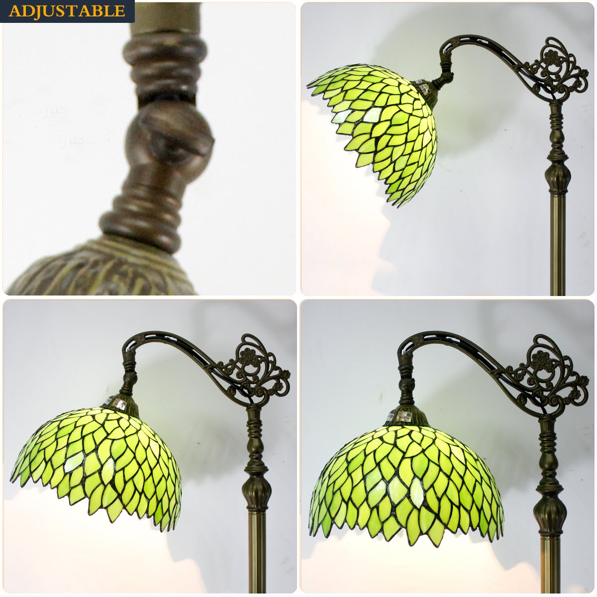 WERFACTORY Tiffany Lamp Floor Green Wisteria Stained Glass Arched Lamp 12X18X64 Inches Gooseneck Adjustable Corner Standing Reading Light Decor Bedroom Living Room S523 Series