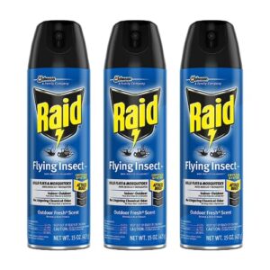raid flying insect killer, kills flies, mosquitoes, and other flying insects on contact, for indoor and outdoor use, 15 oz (pack of 3)