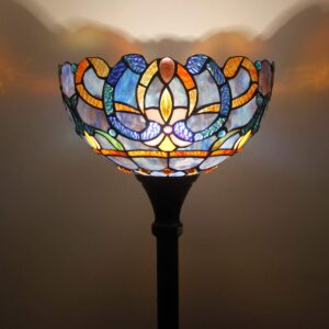 WERFACTORY Tiffany Floor Lamp Blue Purple Cloud Stained Glass Light 12X12X66 Inches Pole Torchiere Standing Corner Torch Uplight Decor Bedroom Living Room Home Office S558 Series (Blue Purple)