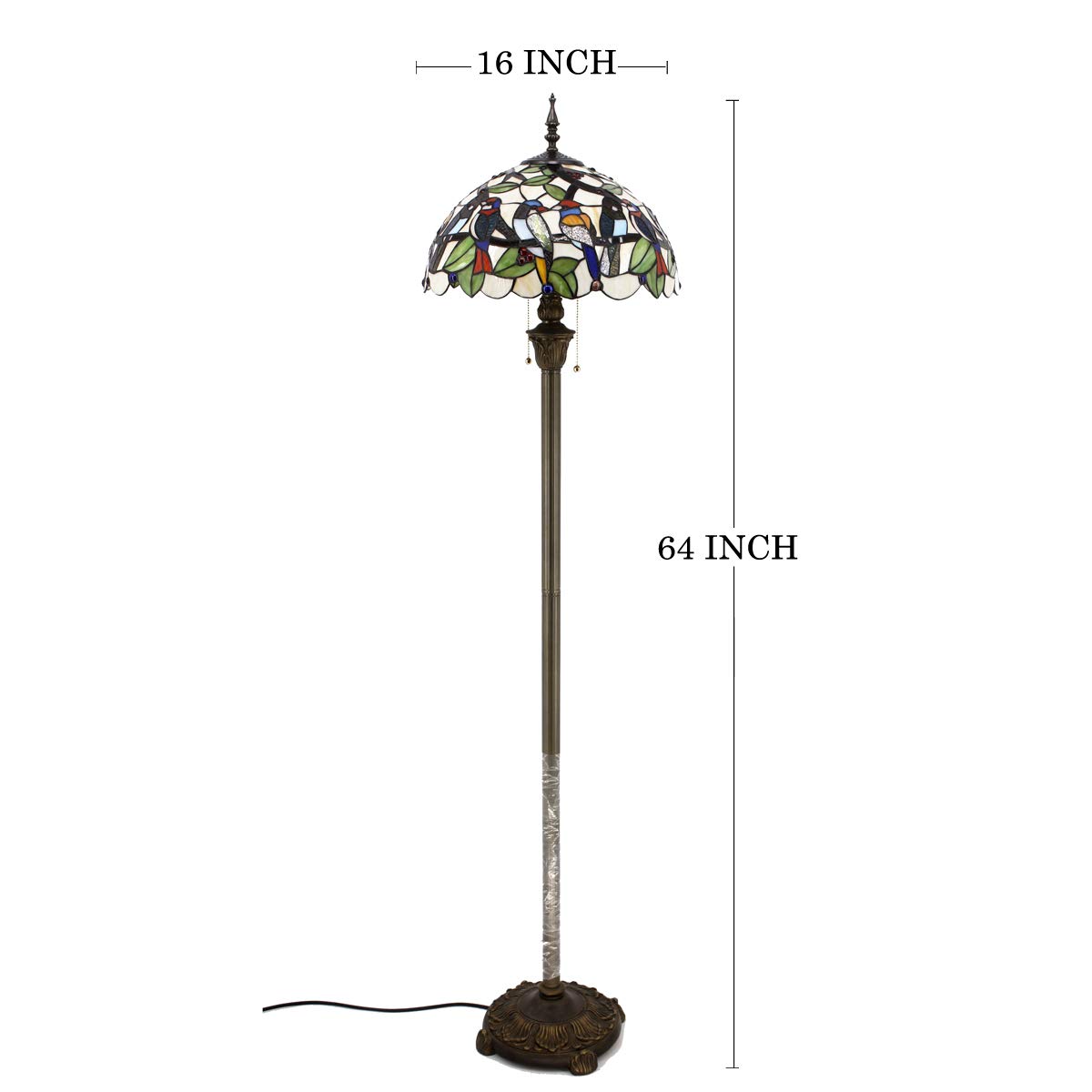 WERFACTORY Tiffany Floor Lamp Double Birds Amber Stained Glass Standing Reading Light 16X16X64 Inches Antique Pole Corner Lamp Decor Bedroom Living Room Home Office S805 Series