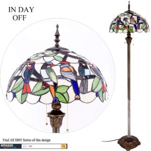 WERFACTORY Tiffany Floor Lamp Double Birds Amber Stained Glass Standing Reading Light 16X16X64 Inches Antique Pole Corner Lamp Decor Bedroom Living Room Home Office S805 Series