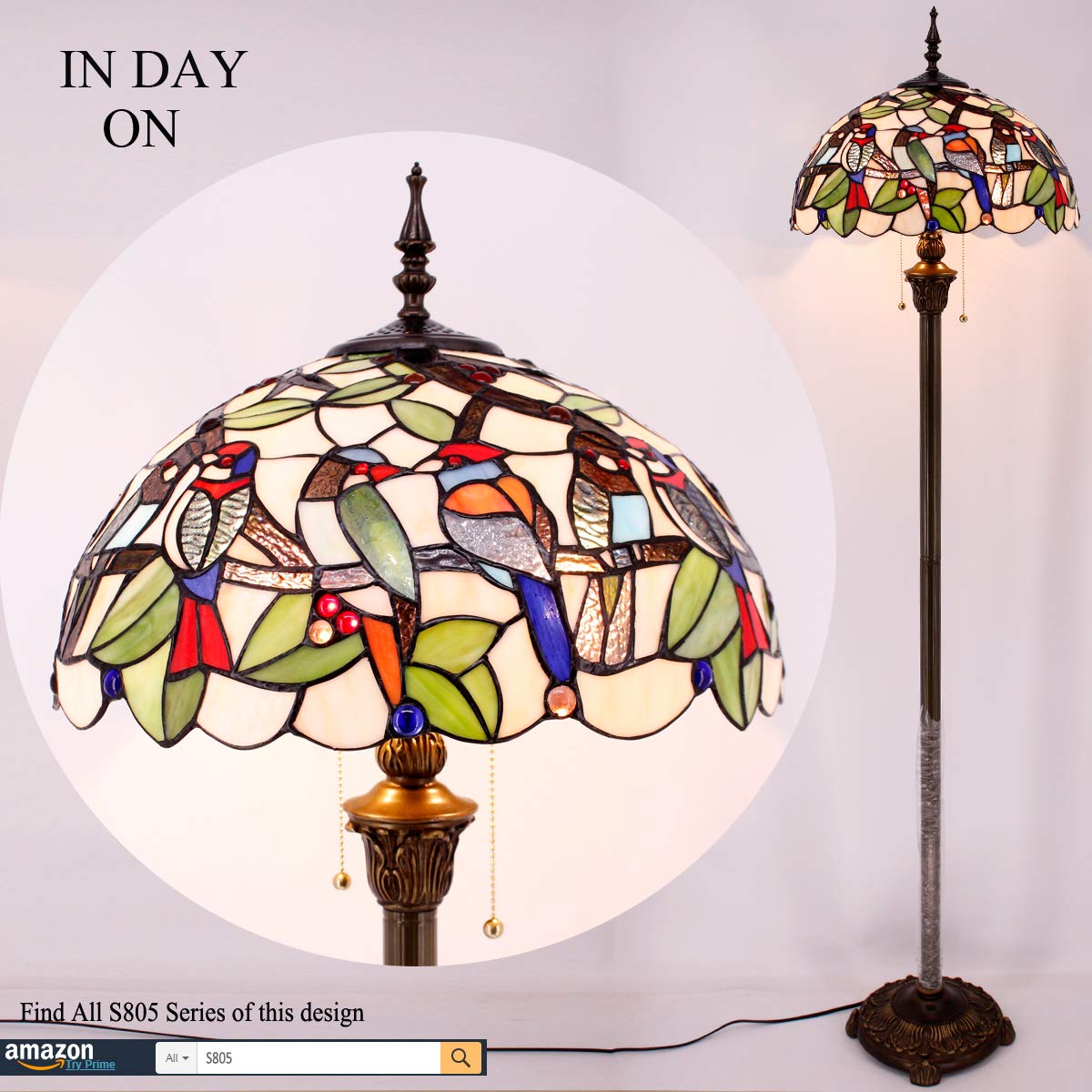 WERFACTORY Tiffany Floor Lamp Double Birds Amber Stained Glass Standing Reading Light 16X16X64 Inches Antique Pole Corner Lamp Decor Bedroom Living Room Home Office S805 Series