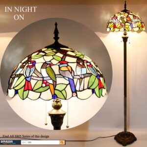 WERFACTORY Tiffany Floor Lamp Double Birds Amber Stained Glass Standing Reading Light 16X16X64 Inches Antique Pole Corner Lamp Decor Bedroom Living Room Home Office S805 Series