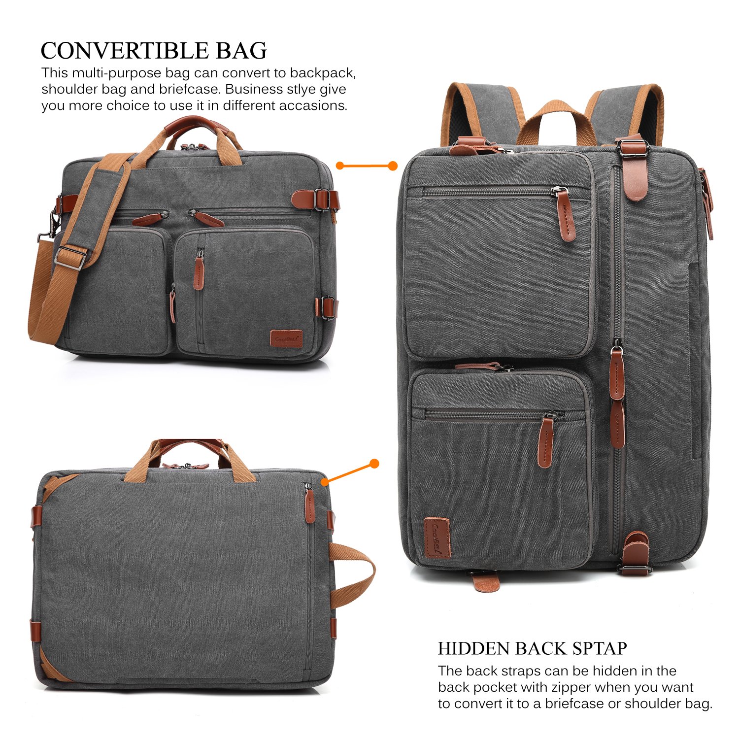 CoolBELL Convertible Backpack Messenger Shoulder Bag Laptop Case Business Briefcase Multi-Functional Travel Handbag Fits 17.3 Inch Laptop for Men/Women (Canvas Dark Grey)