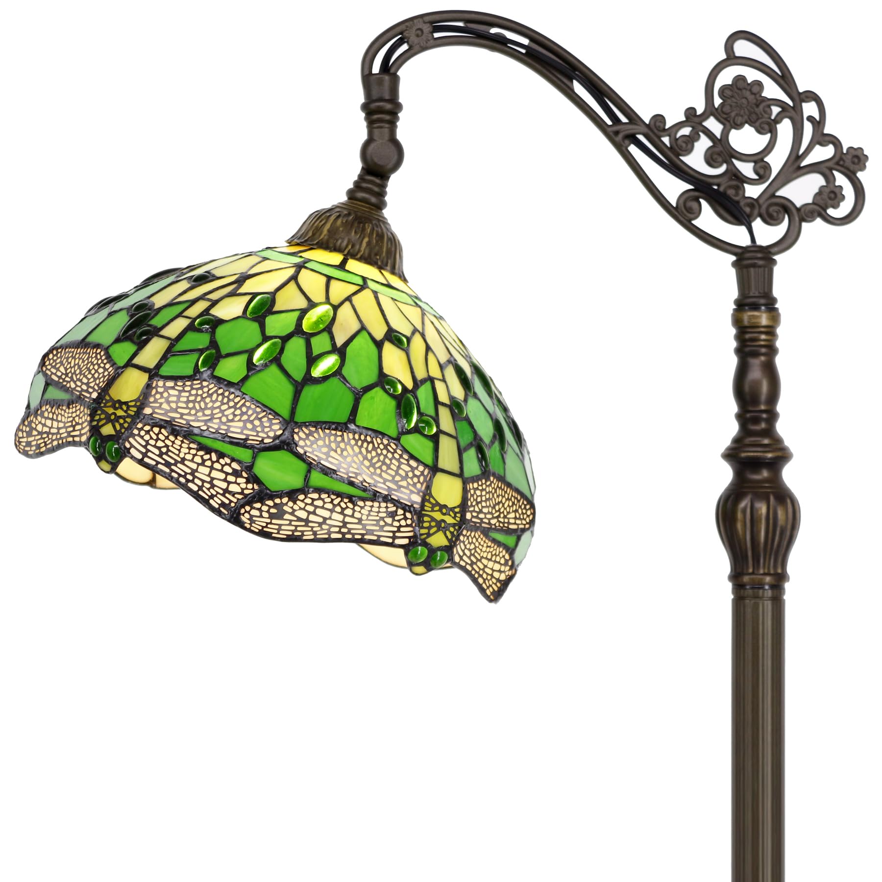 WERFACTORY Tiffany Floor Lamp Green Stained Glass Dragonfly Arched Lamp 12X18X64 Inches Gooseneck Adjustable Corner Standing Reading Light Decor Bedroom Living Room S459 Series