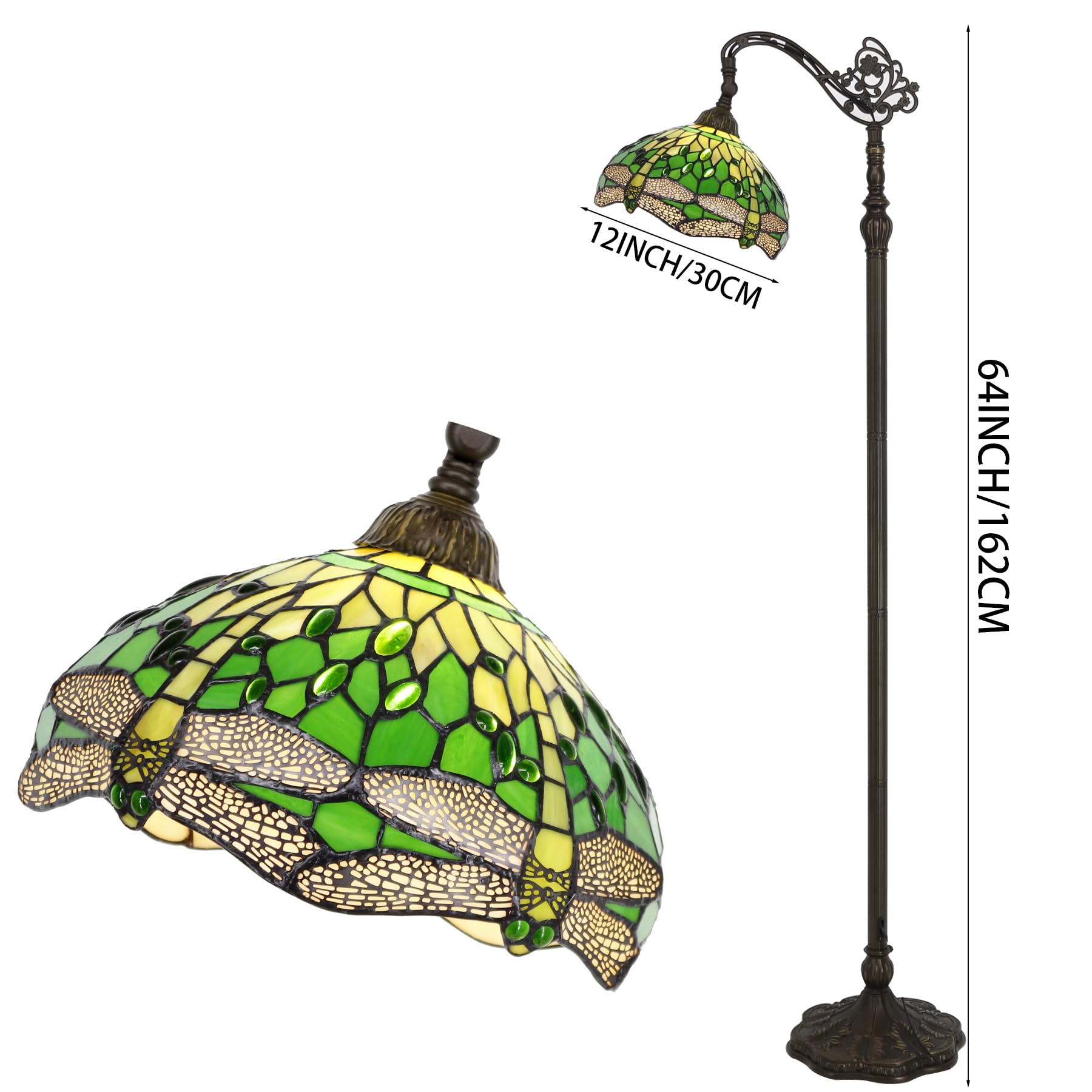 WERFACTORY Tiffany Floor Lamp Green Stained Glass Dragonfly Arched Lamp 12X18X64 Inches Gooseneck Adjustable Corner Standing Reading Light Decor Bedroom Living Room S459 Series