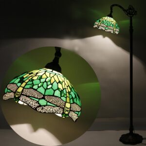 WERFACTORY Tiffany Floor Lamp Green Stained Glass Dragonfly Arched Lamp 12X18X64 Inches Gooseneck Adjustable Corner Standing Reading Light Decor Bedroom Living Room S459 Series