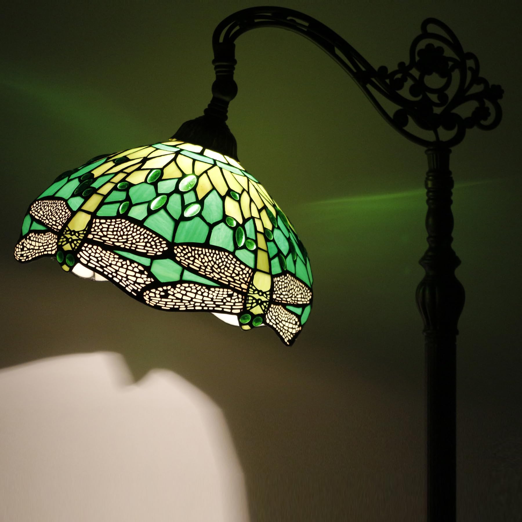 WERFACTORY Tiffany Floor Lamp Green Stained Glass Dragonfly Arched Lamp 12X18X64 Inches Gooseneck Adjustable Corner Standing Reading Light Decor Bedroom Living Room S459 Series