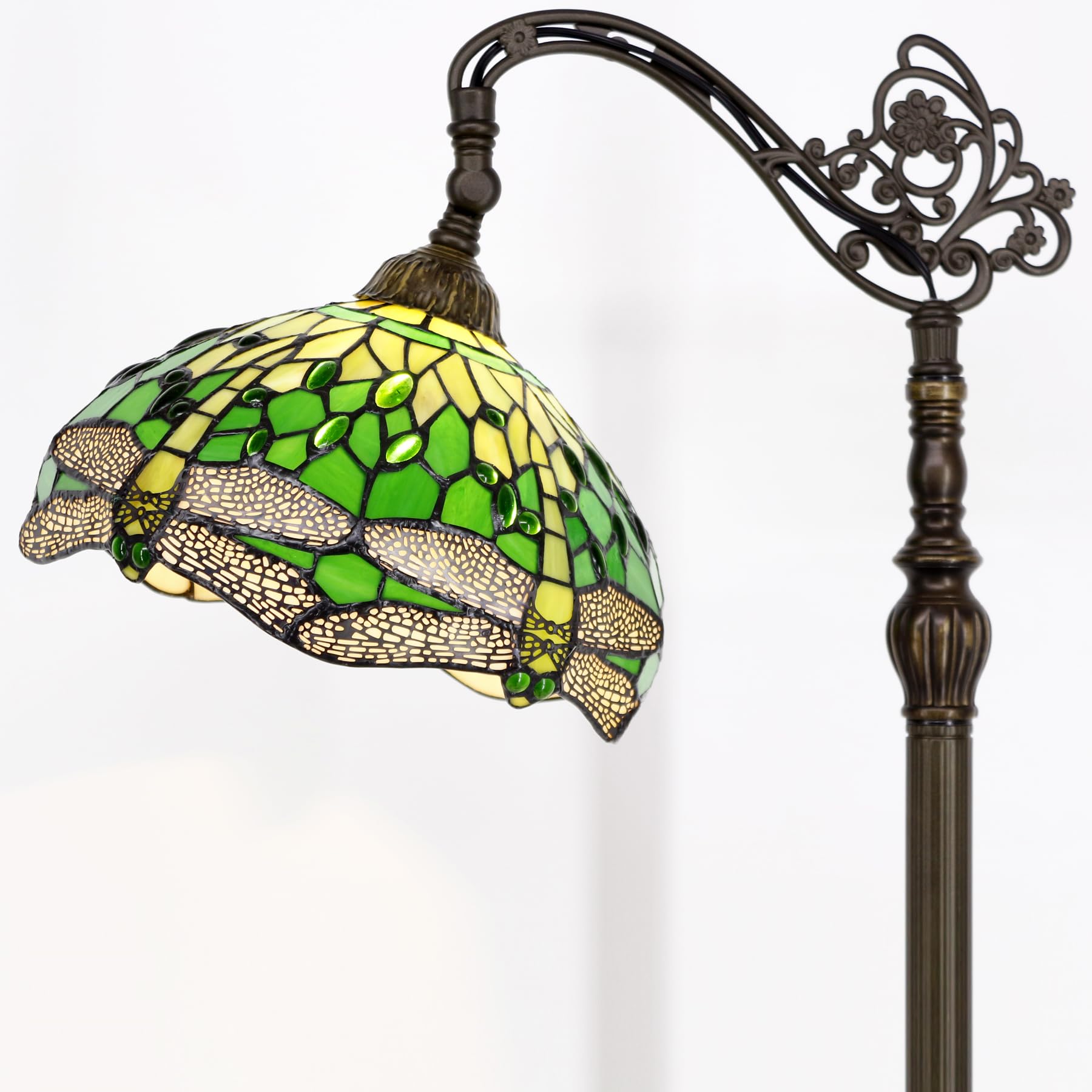 WERFACTORY Tiffany Floor Lamp Green Stained Glass Dragonfly Arched Lamp 12X18X64 Inches Gooseneck Adjustable Corner Standing Reading Light Decor Bedroom Living Room S459 Series