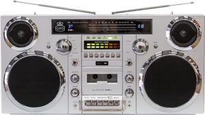 gpo brooklyn 1980s-style portable boombox - cd player, cassette player, fm radio, usb, wireless bluetooth speaker - silver
