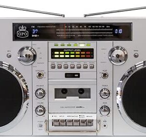 GPO Brooklyn 1980S-Style Portable Boombox - CD Player, Cassette Player, FM Radio, USB, Wireless Bluetooth Speaker - Silver