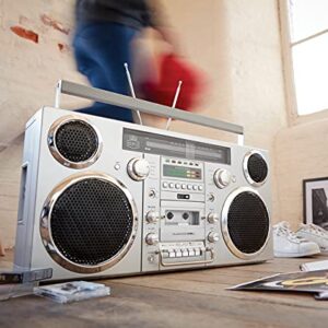 GPO Brooklyn 1980S-Style Portable Boombox - CD Player, Cassette Player, FM Radio, USB, Wireless Bluetooth Speaker - Silver