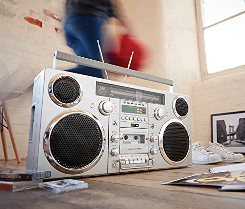 GPO Brooklyn 1980S-Style Portable Boombox - CD Player, Cassette Player, FM Radio, USB, Wireless Bluetooth Speaker - Silver