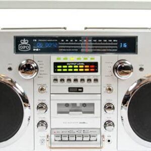GPO Brooklyn 1980S-Style Portable Boombox - CD Player, Cassette Player, FM Radio, USB, Wireless Bluetooth Speaker - Silver