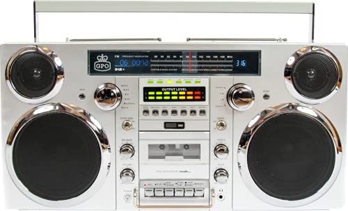 GPO Brooklyn 1980S-Style Portable Boombox - CD Player, Cassette Player, FM Radio, USB, Wireless Bluetooth Speaker - Silver