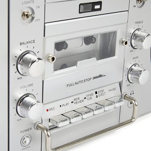 GPO Brooklyn 1980S-Style Portable Boombox - CD Player, Cassette Player, FM Radio, USB, Wireless Bluetooth Speaker - Silver