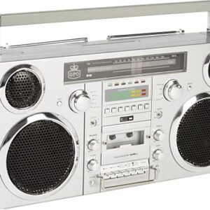 GPO Brooklyn 1980S-Style Portable Boombox - CD Player, Cassette Player, FM Radio, USB, Wireless Bluetooth Speaker - Silver