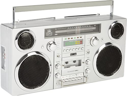 GPO Brooklyn 1980S-Style Portable Boombox - CD Player, Cassette Player, FM Radio, USB, Wireless Bluetooth Speaker - Silver