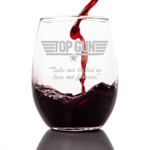 top gun etched stemless wine glass - with logo & quote "take me to bed" - officially licensed, premium quality, handcrafted glassware, 15oz., perfect collectible gift for movie enthusiasts
