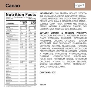 Soylent Complete Nutrition Meal Replacement Protein Powder, Cacao - Plant Based Vegan Protein, 39 Essential Nutrients - 36.8oz