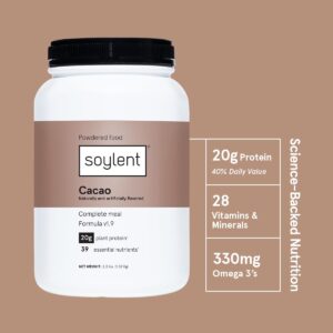 Soylent Complete Nutrition Meal Replacement Protein Powder, Cacao - Plant Based Vegan Protein, 39 Essential Nutrients - 36.8oz