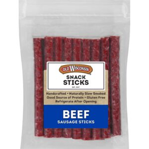 old wisconsin beef sausage snack sticks, naturally smoked, ready to eat, high protein, low carb, keto, gluten free, 14 ounce resealable package