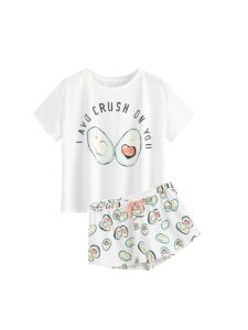 didk women's cute cartoon print tee and shorts pajama set avocado white large