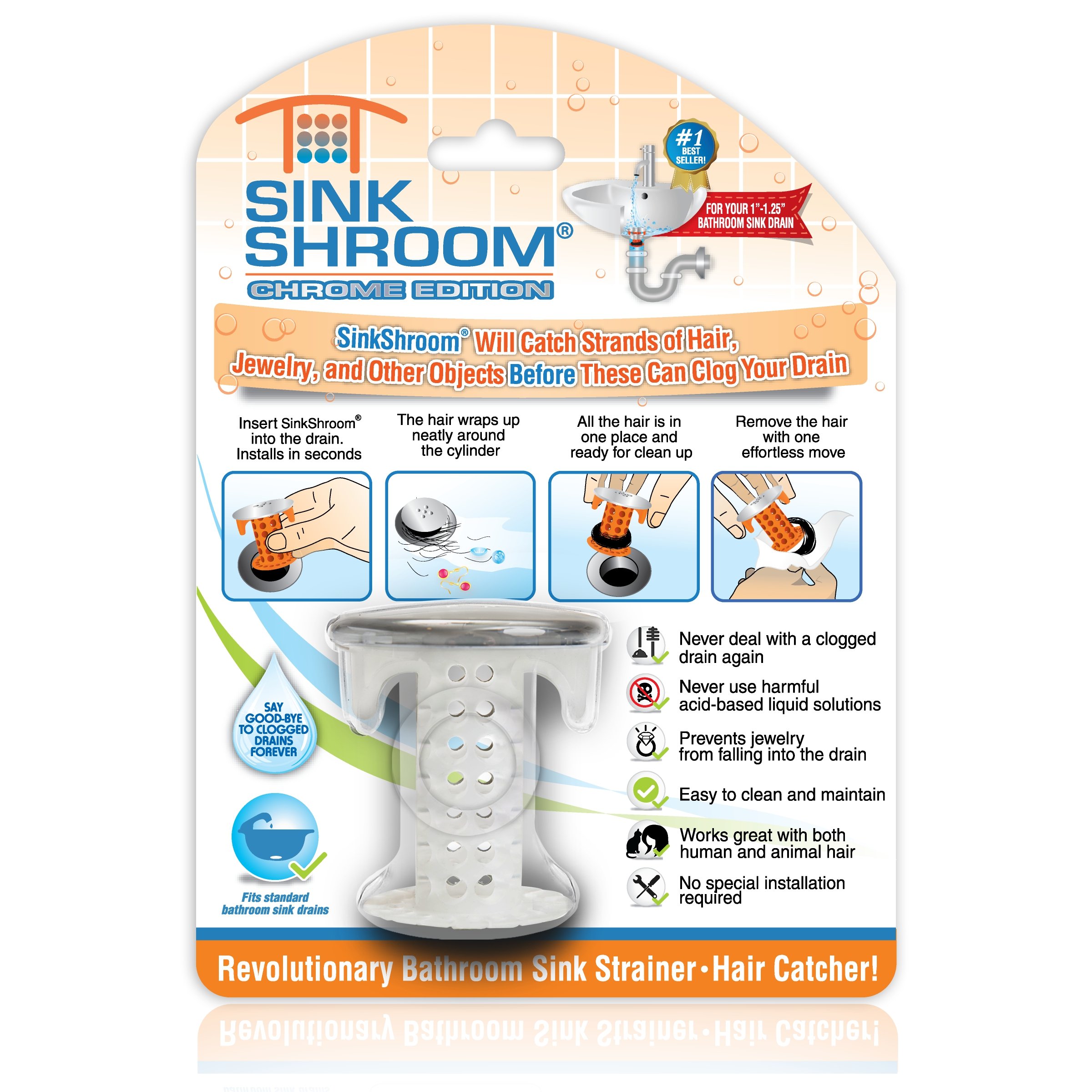 SinkShroom Revolutionary Bathroom Sink Drain Protector Hair Catcher, Strainer, Snare, Sinkshroom Chrome Edition, 1" -1.4"