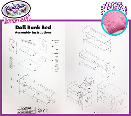 Matty's Toy Stop 18 Inch Doll Furniture White Wooden Bunk Beds with 2 Pink Pillows, 2 Pink Cushions & Ladder - Fits American Girl Dolls