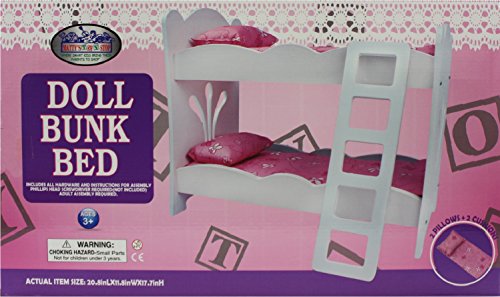 Matty's Toy Stop 18 Inch Doll Furniture White Wooden Bunk Beds with 2 Pink Pillows, 2 Pink Cushions & Ladder - Fits American Girl Dolls