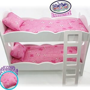 Matty's Toy Stop 18 Inch Doll Furniture White Wooden Bunk Beds with 2 Pink Pillows, 2 Pink Cushions & Ladder - Fits American Girl Dolls