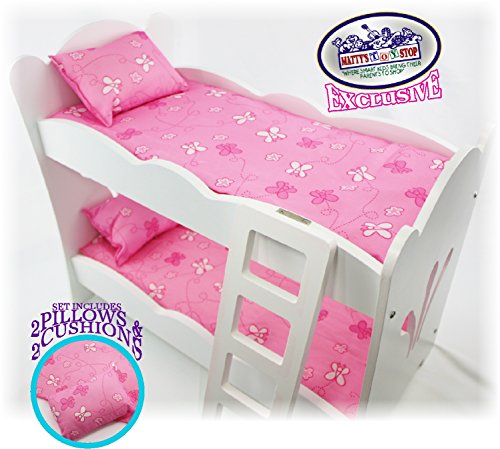 Matty's Toy Stop 18 Inch Doll Furniture White Wooden Bunk Beds with 2 Pink Pillows, 2 Pink Cushions & Ladder - Fits American Girl Dolls